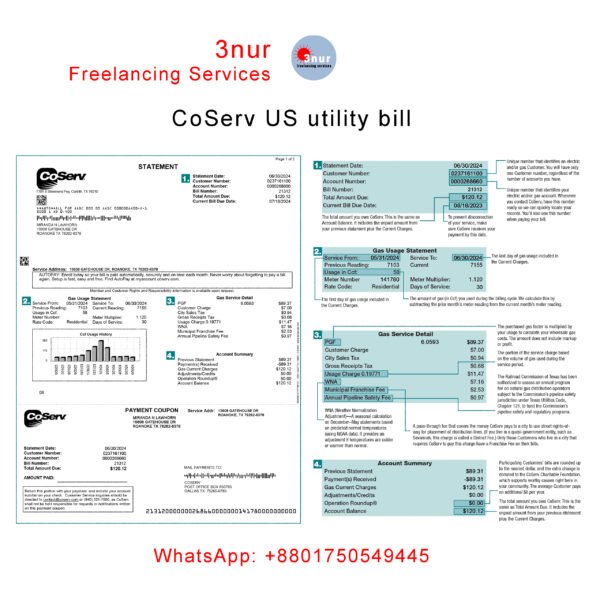 CoServ US utility bill PSD template is fully editable.