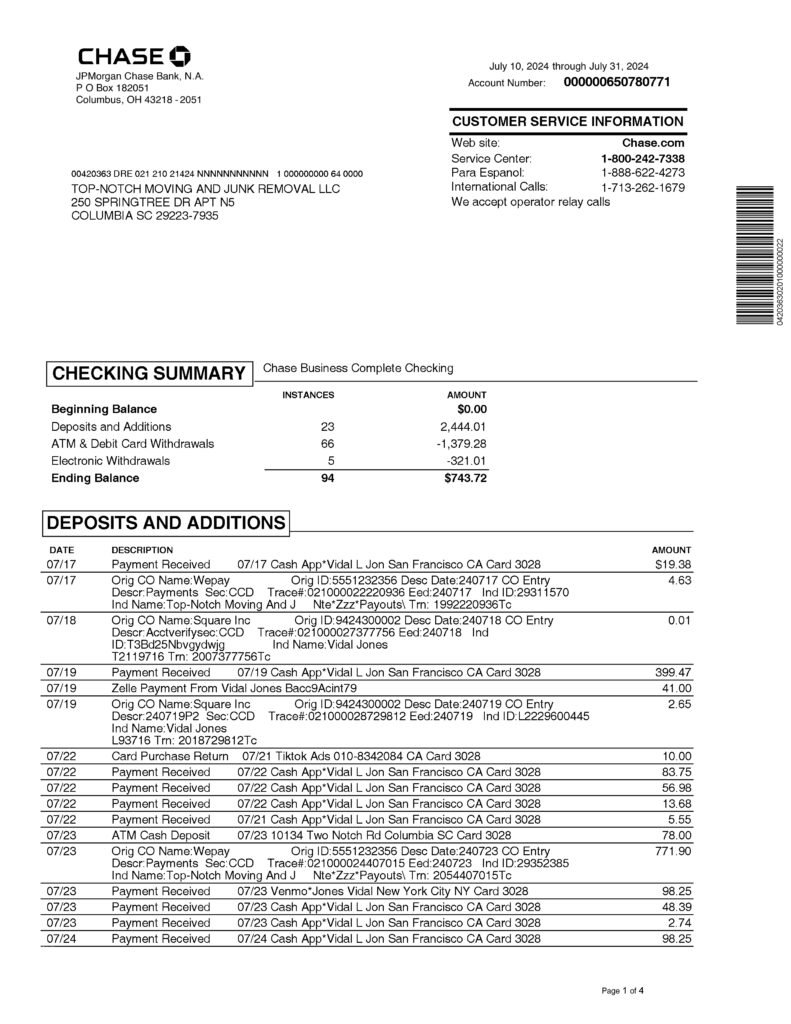 chase bank statement template