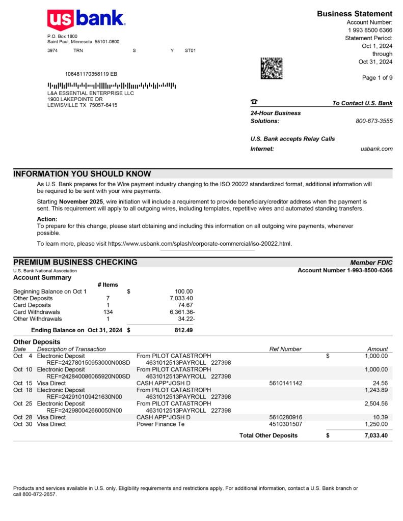 US Bank Statement Template