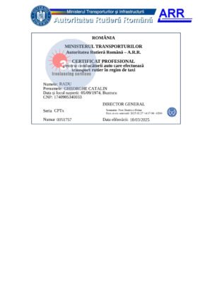 Professional Certificate for Taxi Drivers Romaniya Editable PDF Template