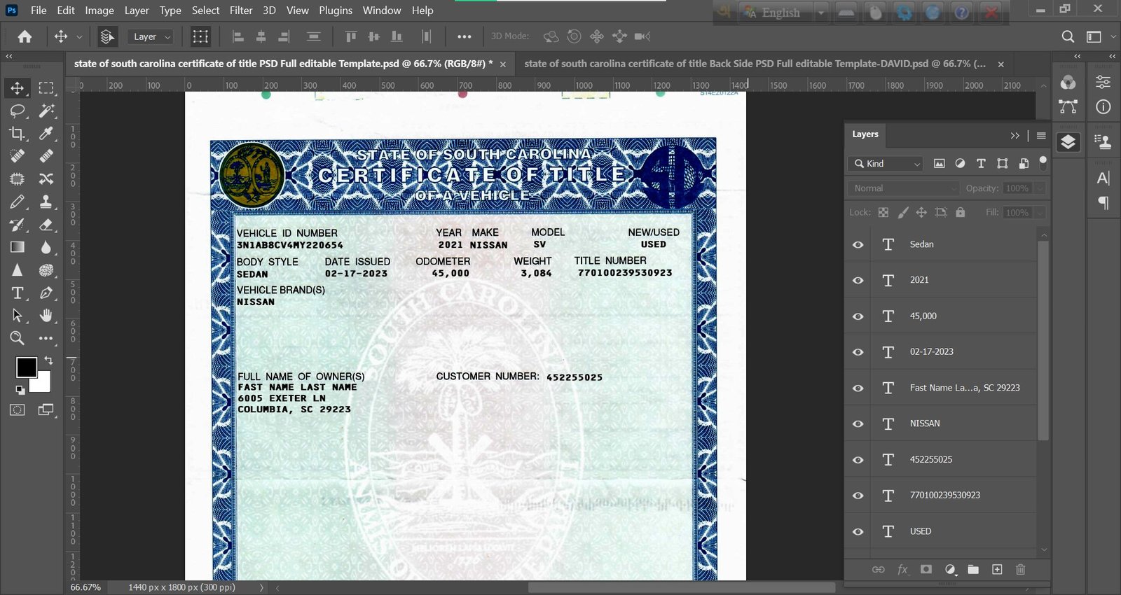 South Carolina Certificate of Title Front Page Preview