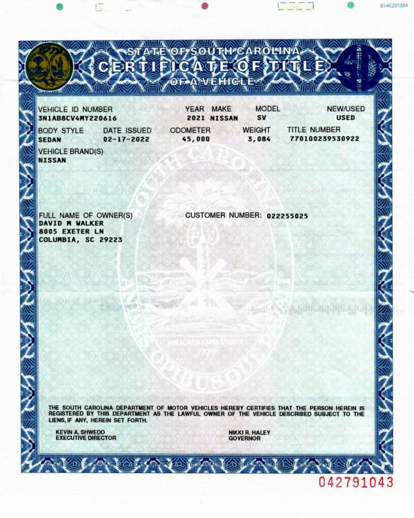 South Carolina Certificate of Title Template 2025