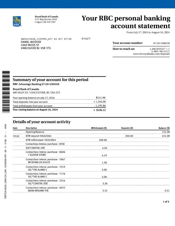 ROYAL BANK OF CANADA Bank Statement Download and Editing Service