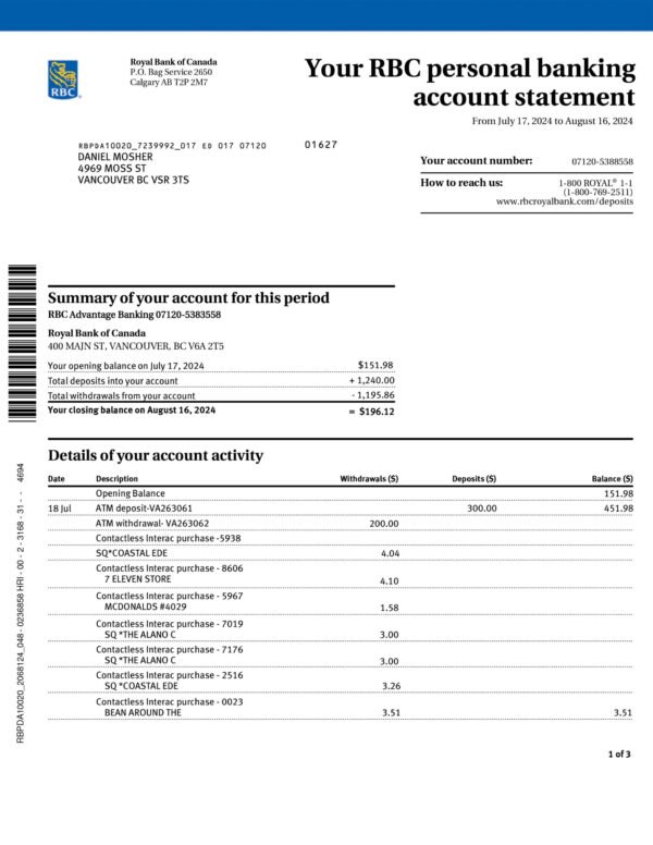 ROYAL BANK OF CANADA Bank Statement Download and Editing Service