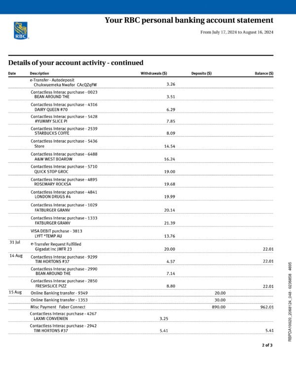 Royal Bank of Canada Bank Statement Download and Editing Service - Image 5