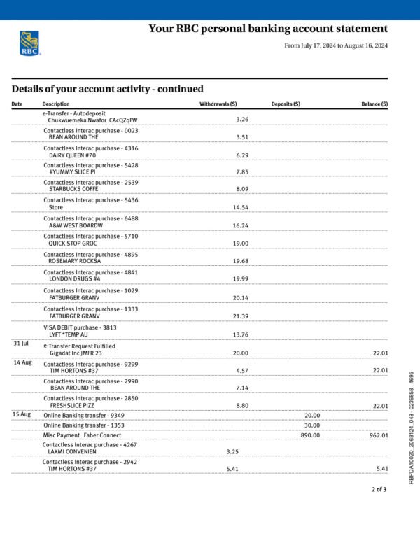 Royal Bank of Canada Bank Statement Download and Editing Service - Image 5