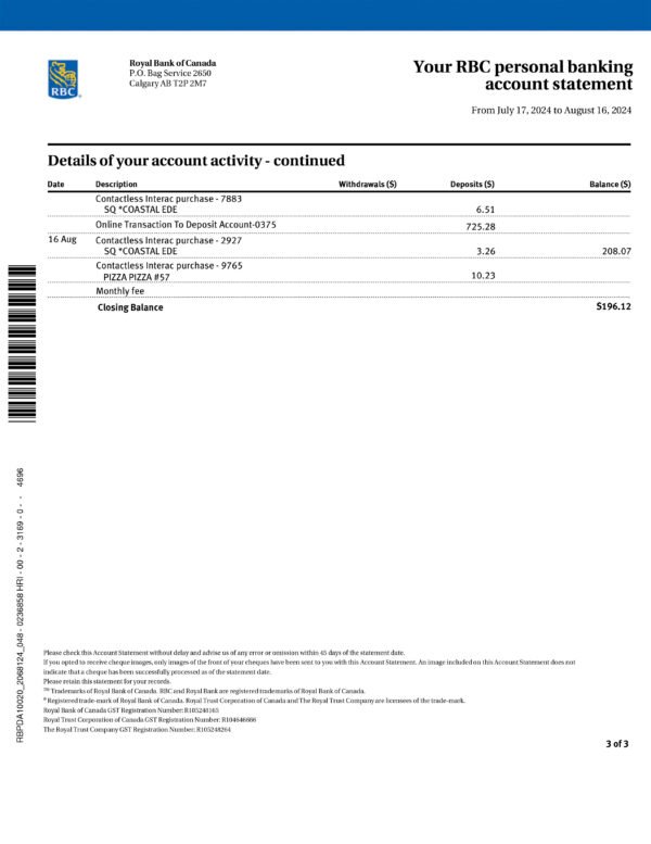 Royal Bank of Canada Bank Statement Download and Editing Service - Image 4