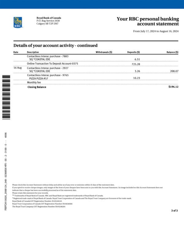 Royal Bank of Canada Bank Statement Download and Editing Service - Image 4