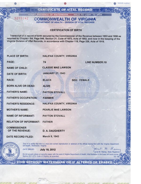 Editable Virginia Birth Certificate PSD – Instant Download