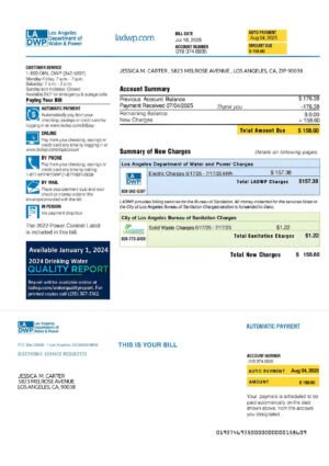 California LADWP Water Bill PSD Template