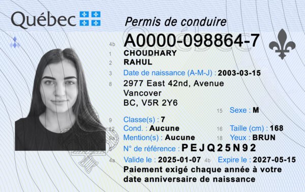 Canada Quebec DL PSD Template 2025 – Fully Editable & Instant Download