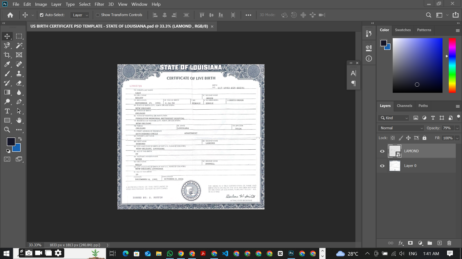 Louisiana Birth Certificate PSD Template Preview