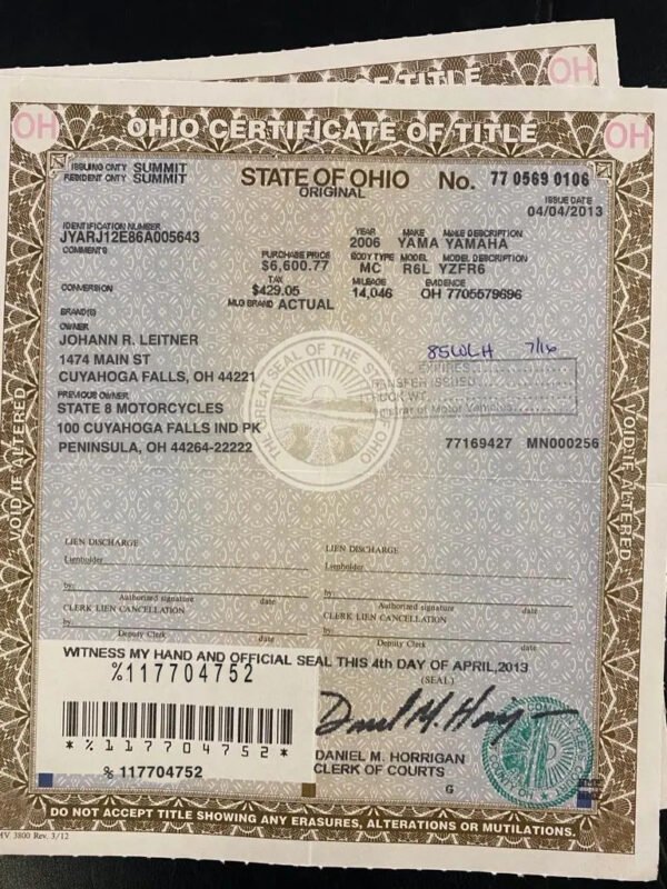 Ohio Certificate of Title