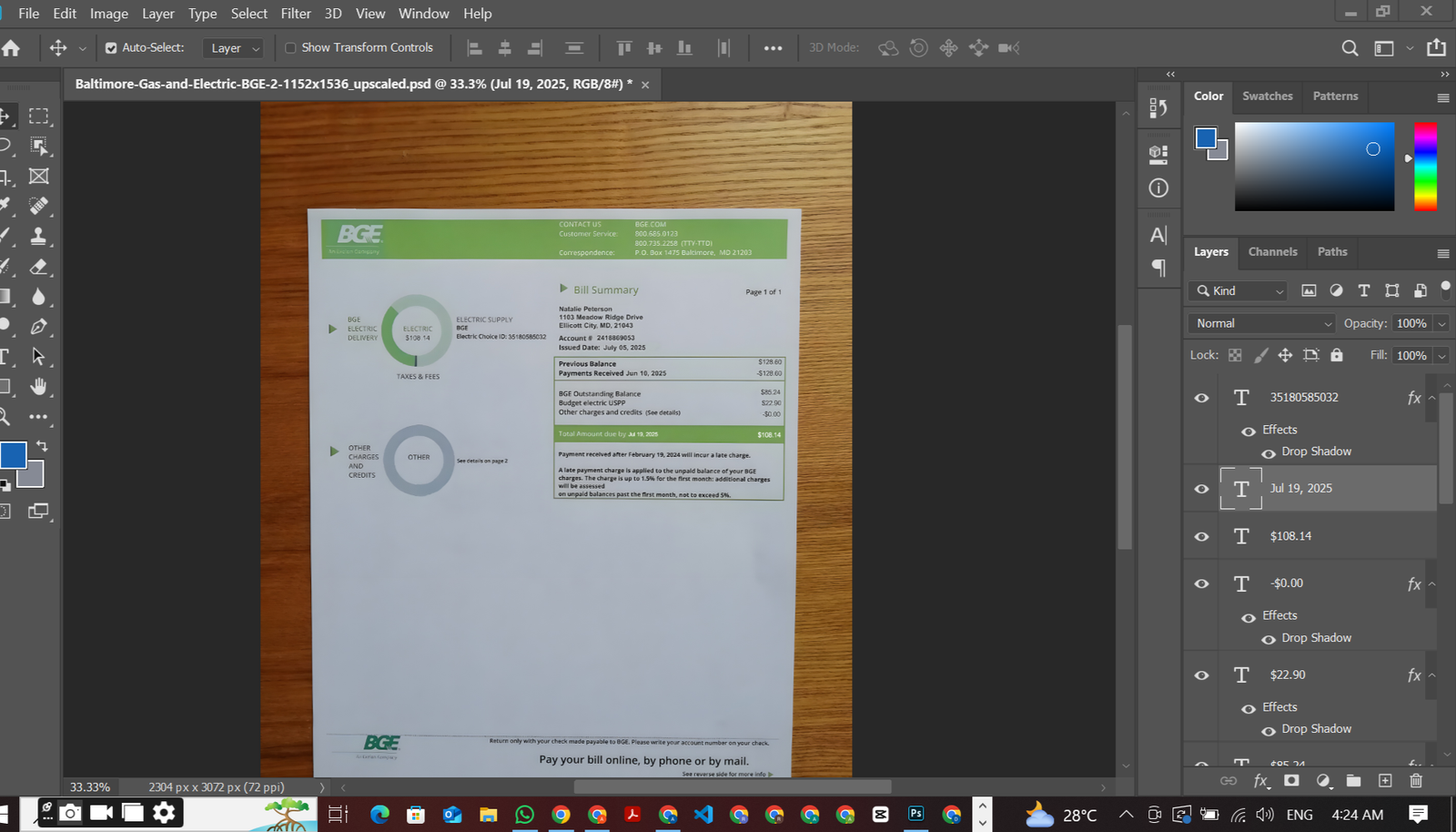 Maryland BGE Utility Bill PSD Template preview