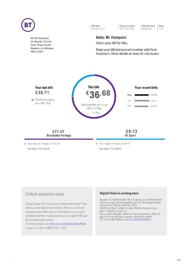 UK BT Utility Bill PSD Template – Editable & Instant Download
