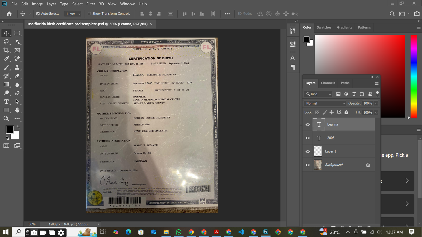 Florida Birth Certificate PSD Template Preview