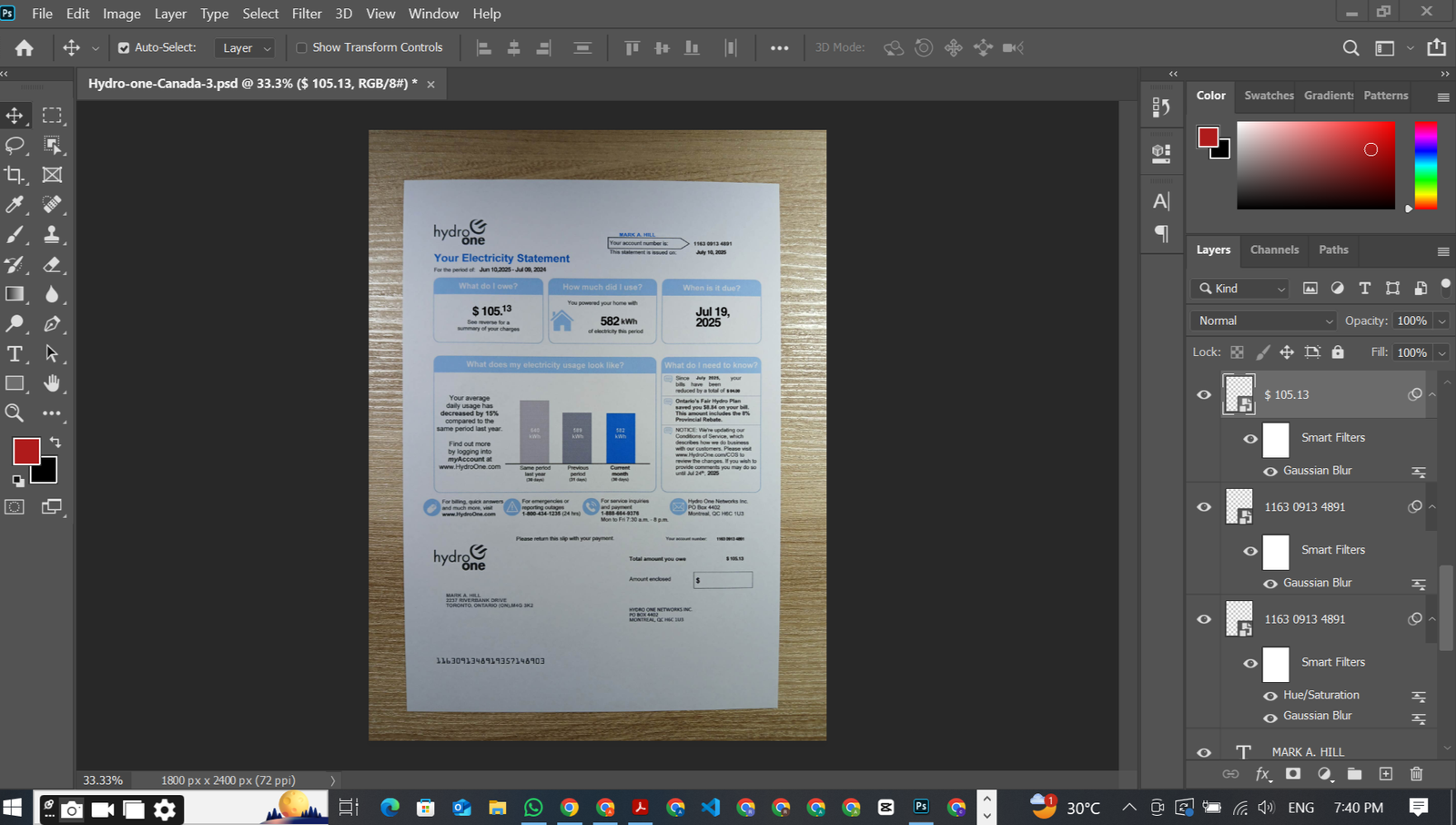 Hydro One Utility Bill PSD Template Preview