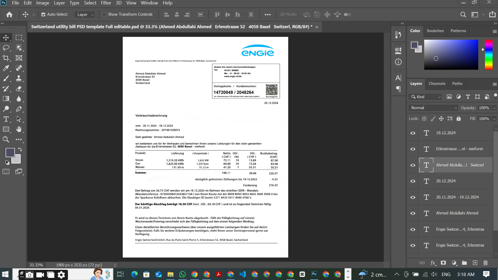 Switzerland Utility Bill PSD Template preview