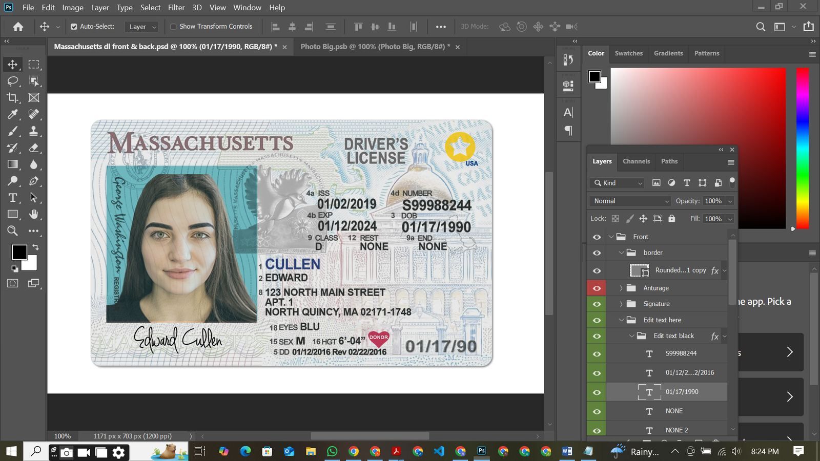 Massachusetts DL PSD Template Preview
