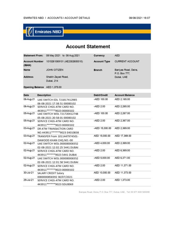 Get UAE Dubai Emirates NBD Bank statement download & professional editing service. Accurate design matching, fast delivery, and high-quality PDF formatting. Perfect for personal or business use.