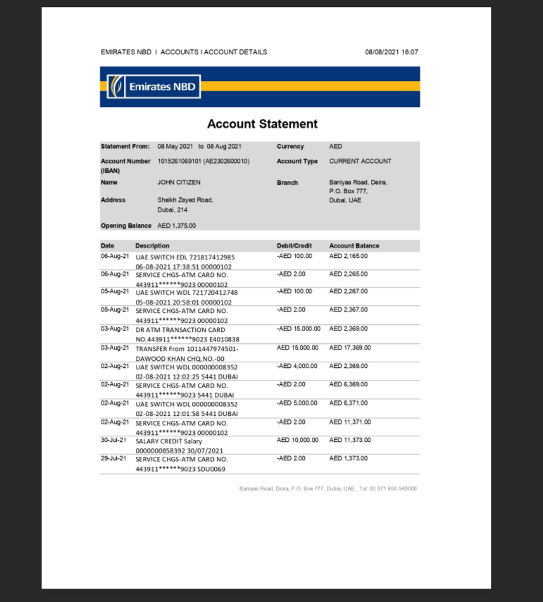 UAE Dubai Emirates NBD Bank Statement Editing Service