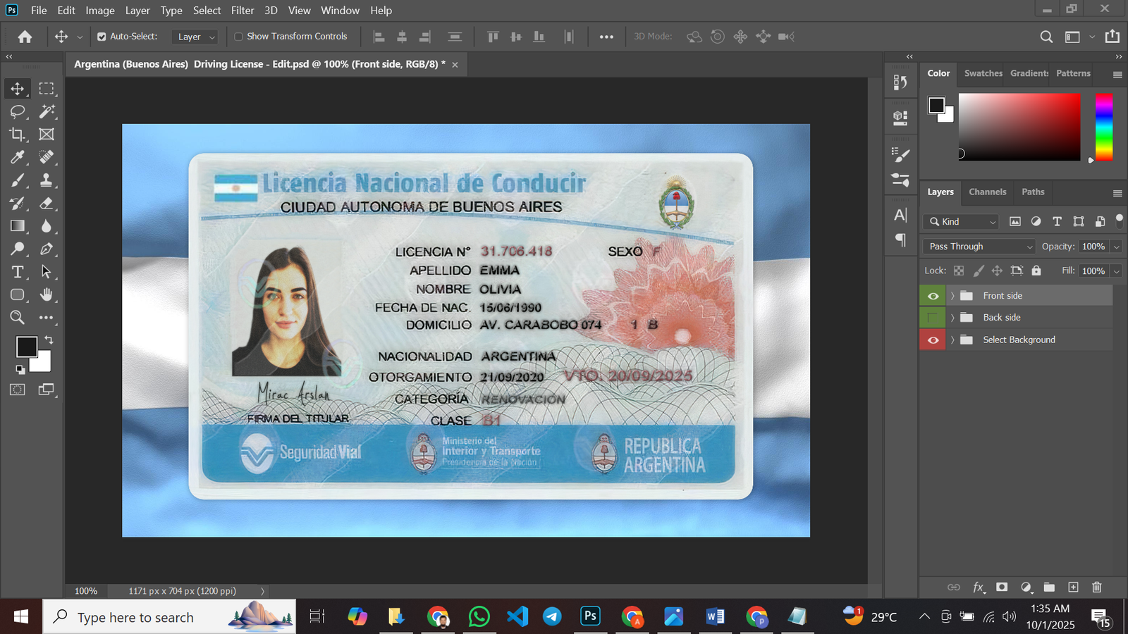 Argentina (Buenos Aires) Driving Licence PSD Template Preview
