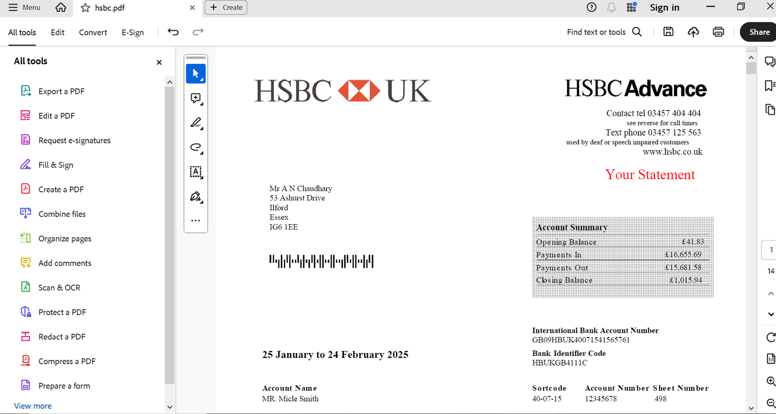 UK HSBC Bank Statement PDF Template Preview