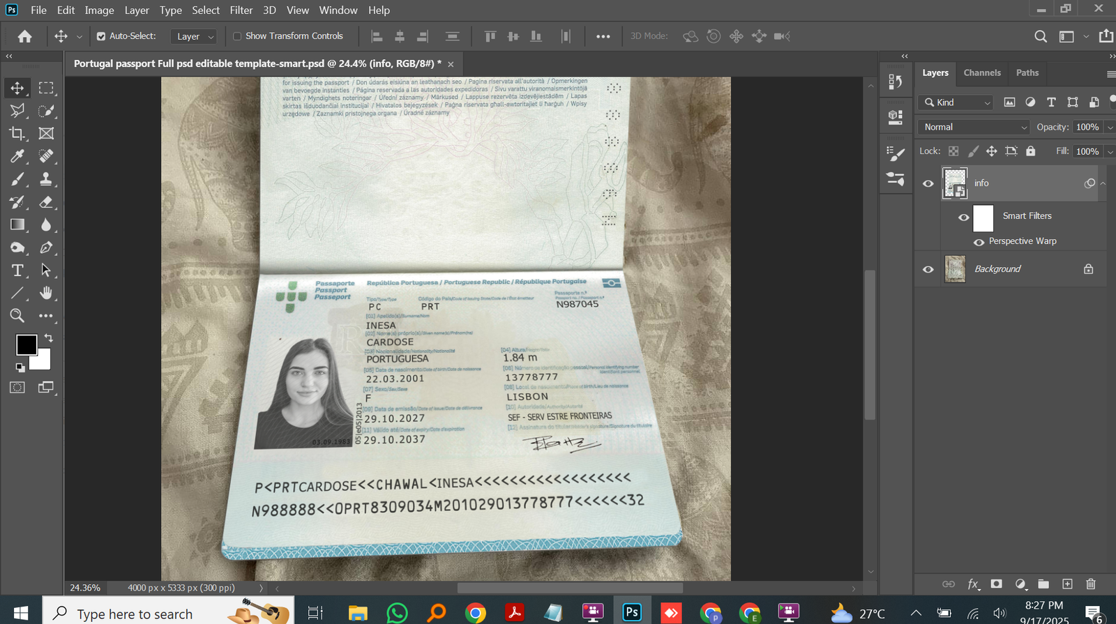 Portugal Passport PSD Template Preview