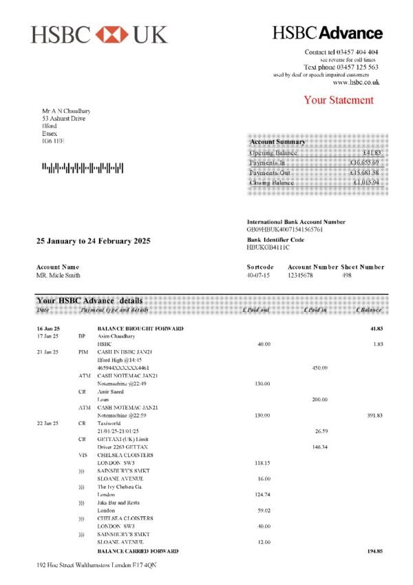 UK HSBC Bank Statement Editing Service - Professional PDF Template