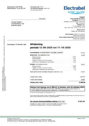 Belgium Electrabel Utility Bill PSD Template  – Fully Editable & Instant Download