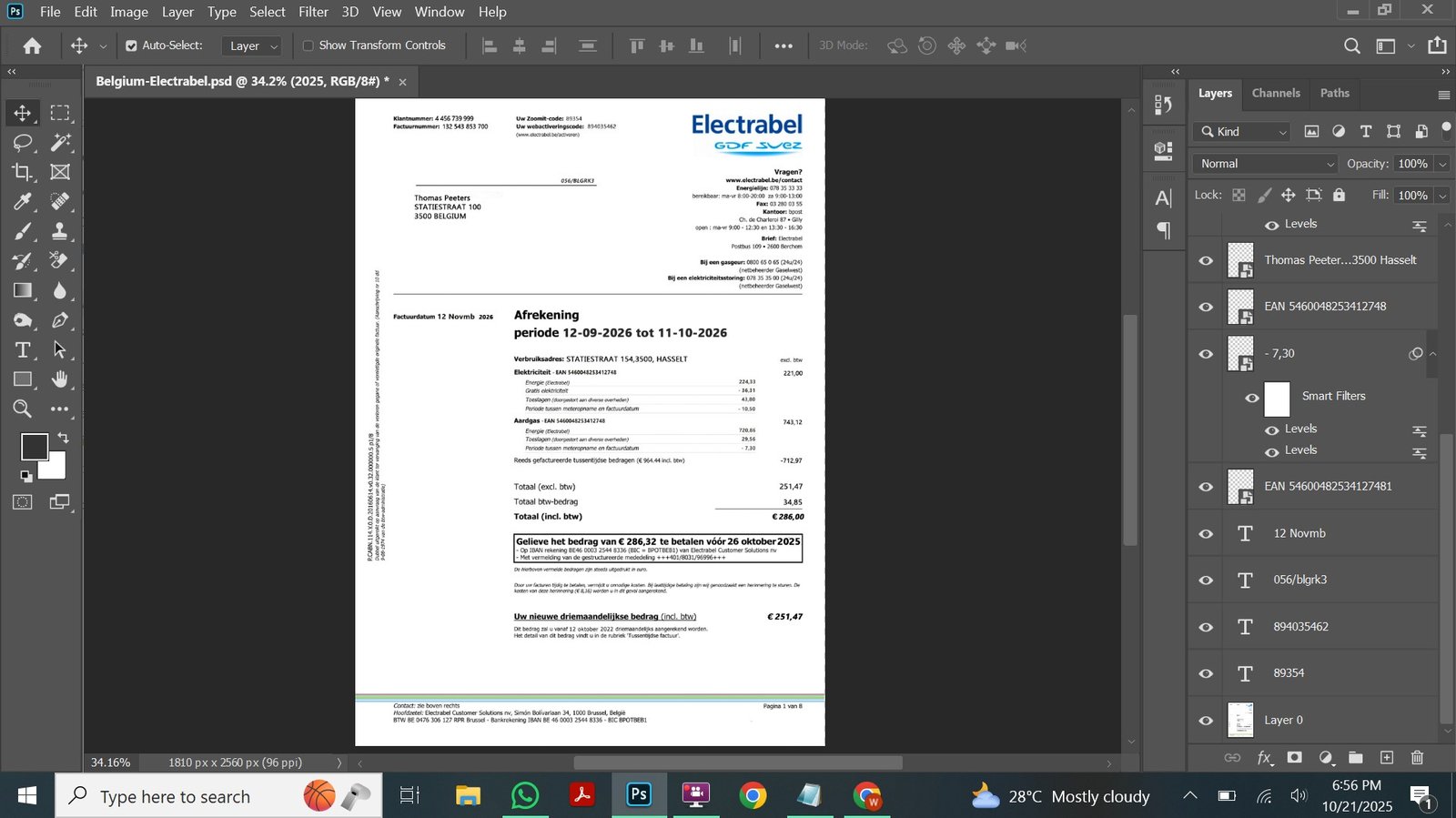 Belgium Electrabel Utility Bill PSD Template Preview