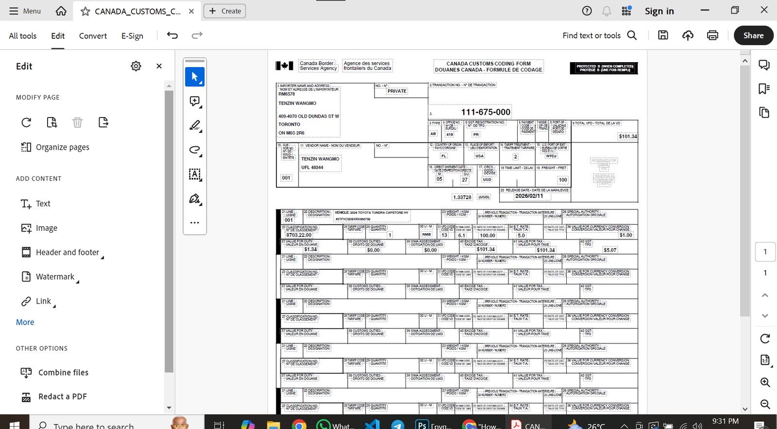 Canada Customs Coding Form PDF Template Preview
