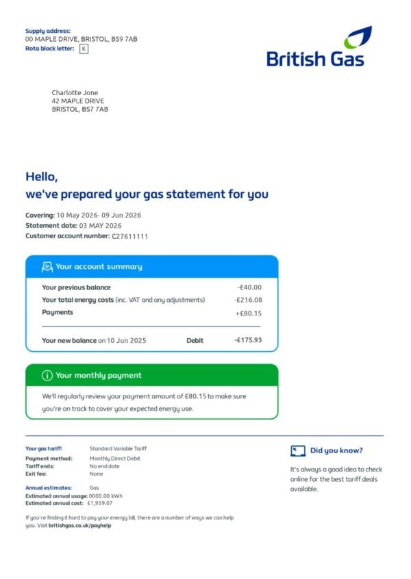 UK Utility Bill British Gas New Full Editable PSD Template 