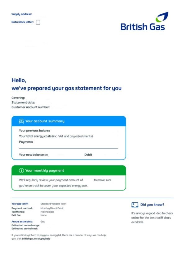UK Utility Bill British Gas New Full Editable PSD Template 