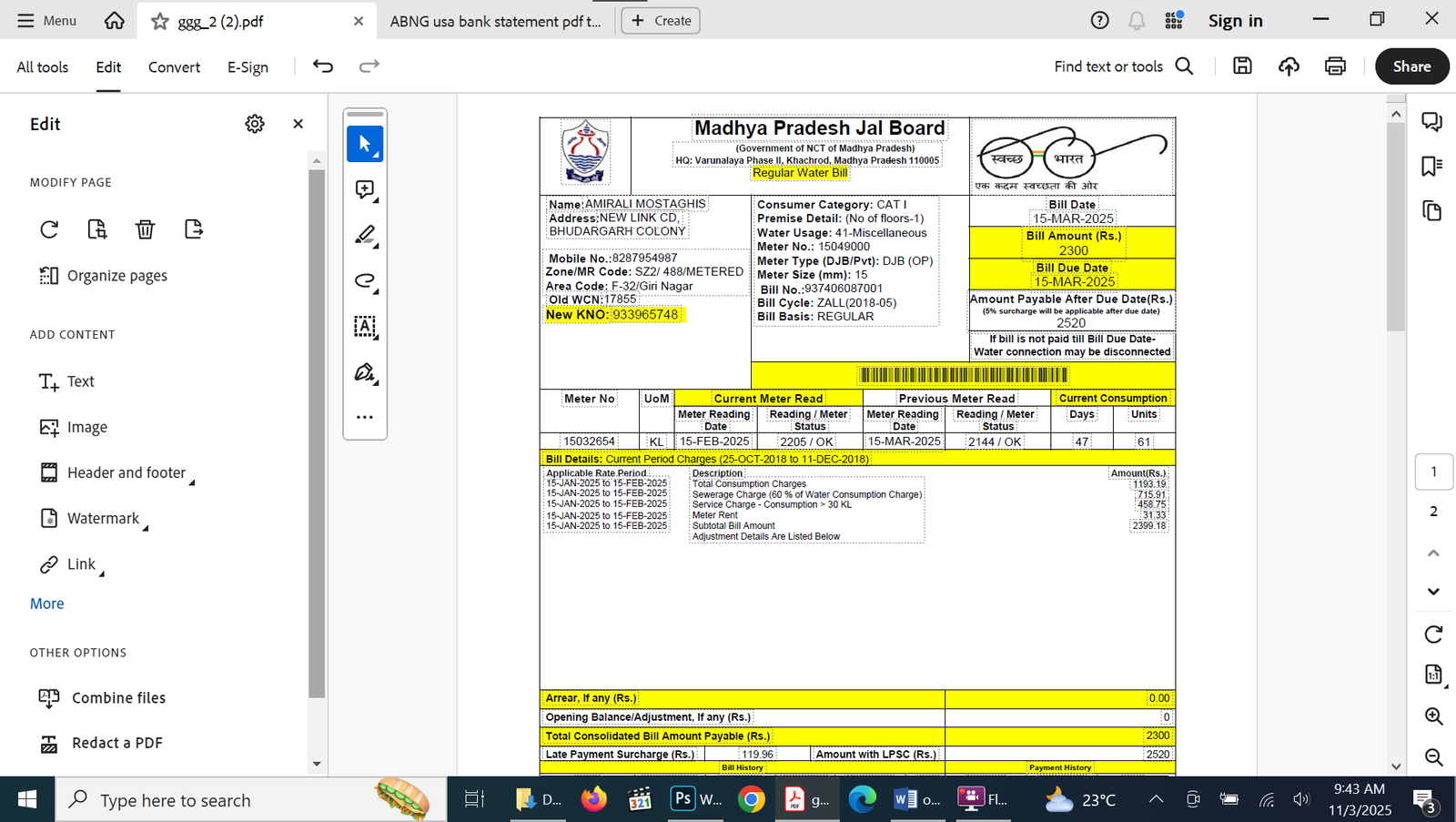 Madhya Pradesh Jal Board Water Bill PDF Template Preview
