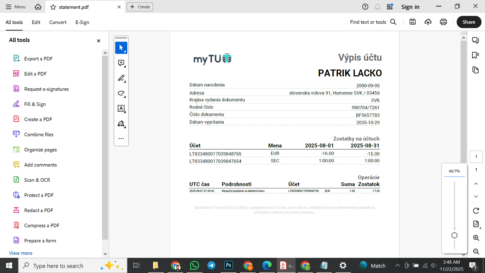 Travel Union UAB myTU PDF Template Preview