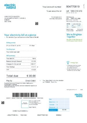 ELECTRIC IRELAND Utility Bill PDF Template
