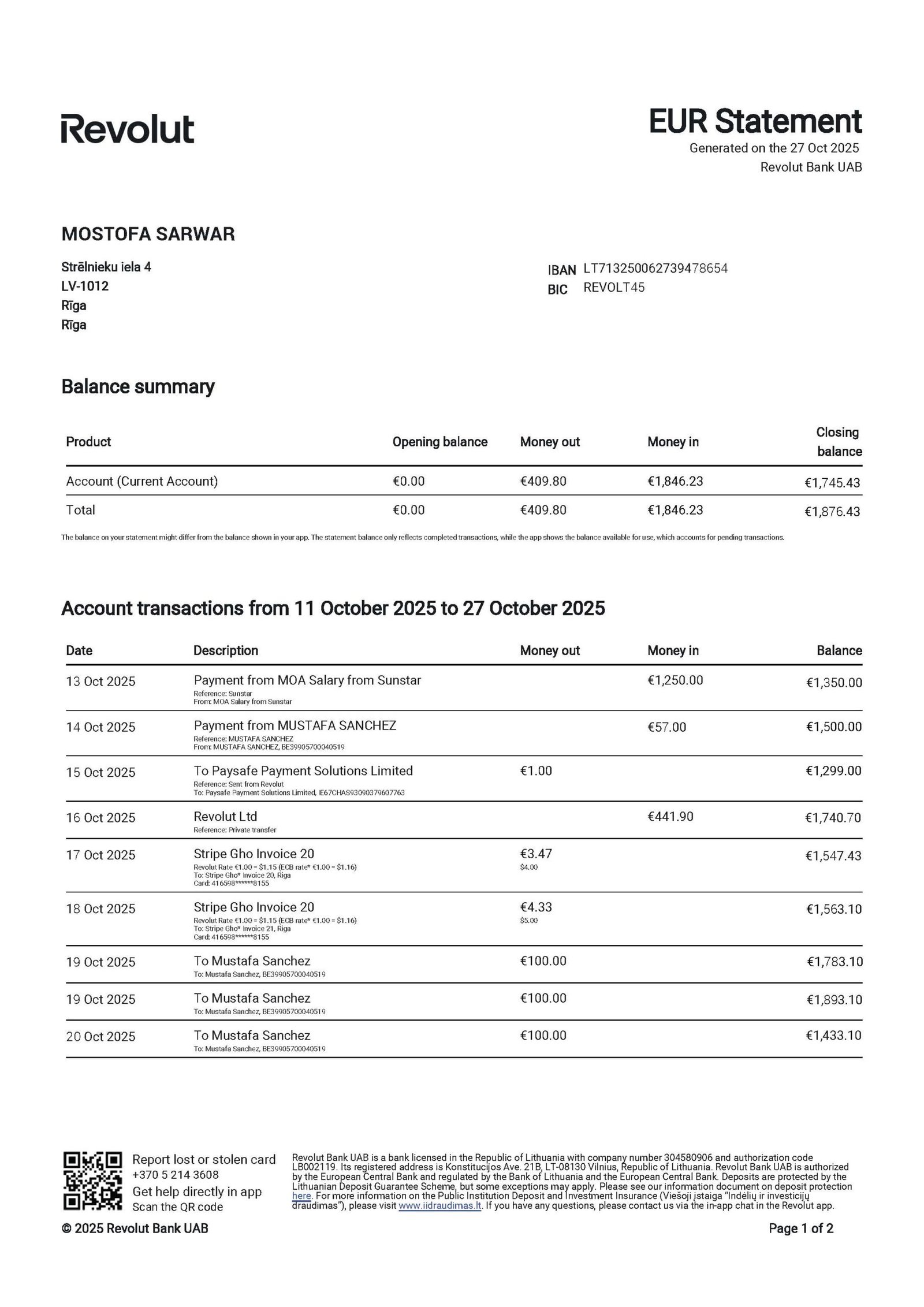 Lithuania Revolut Bank Statement Editing Service – PDF Download