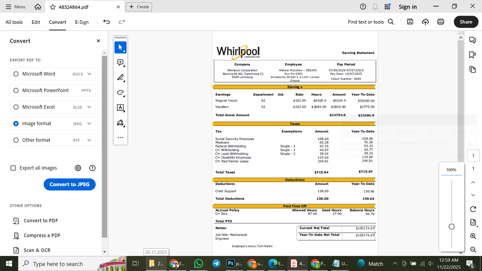 Whirlpool Corporation Pay Stub Template Preview