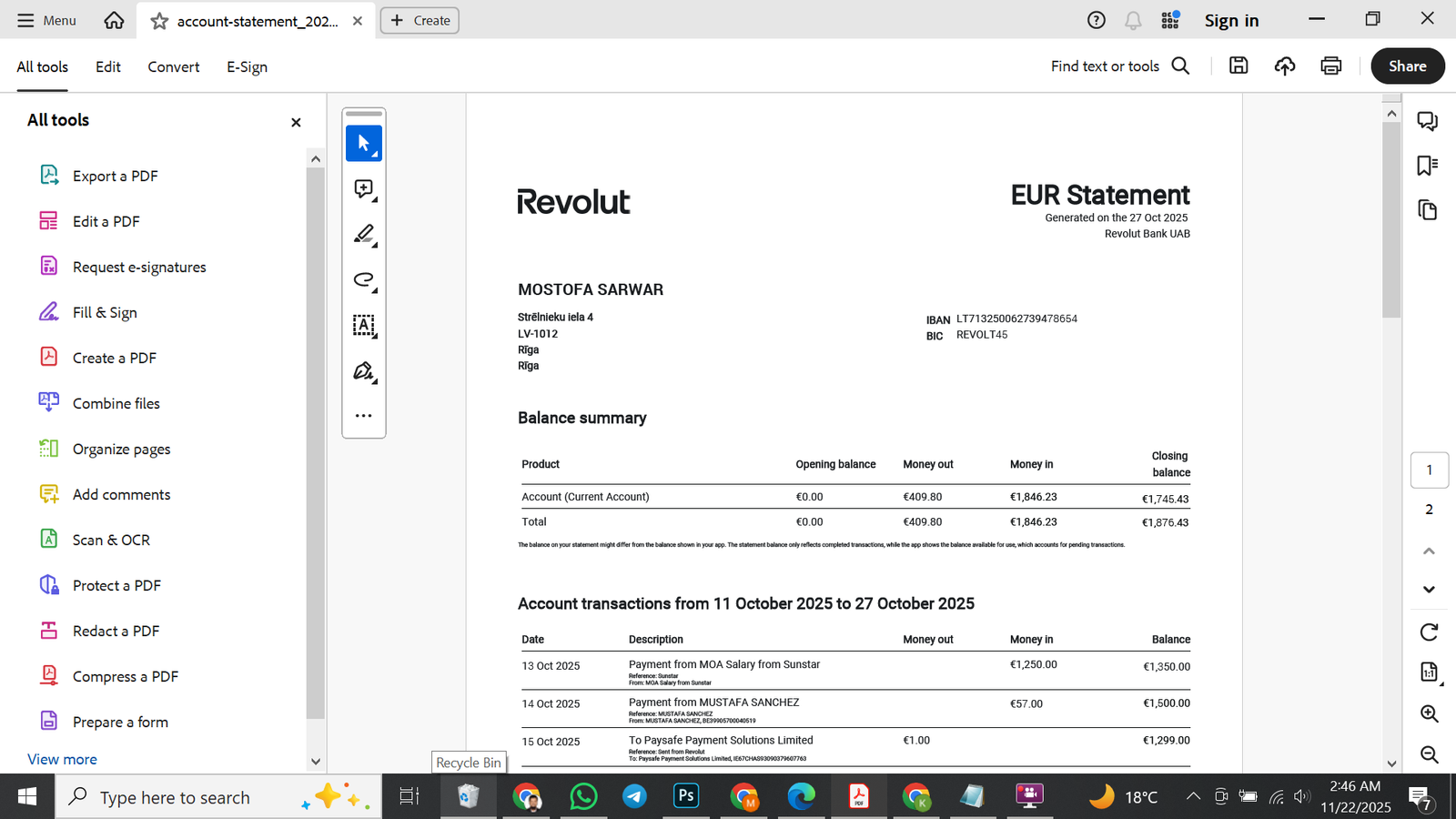 Lithuania Revolut Bank Statement Preview