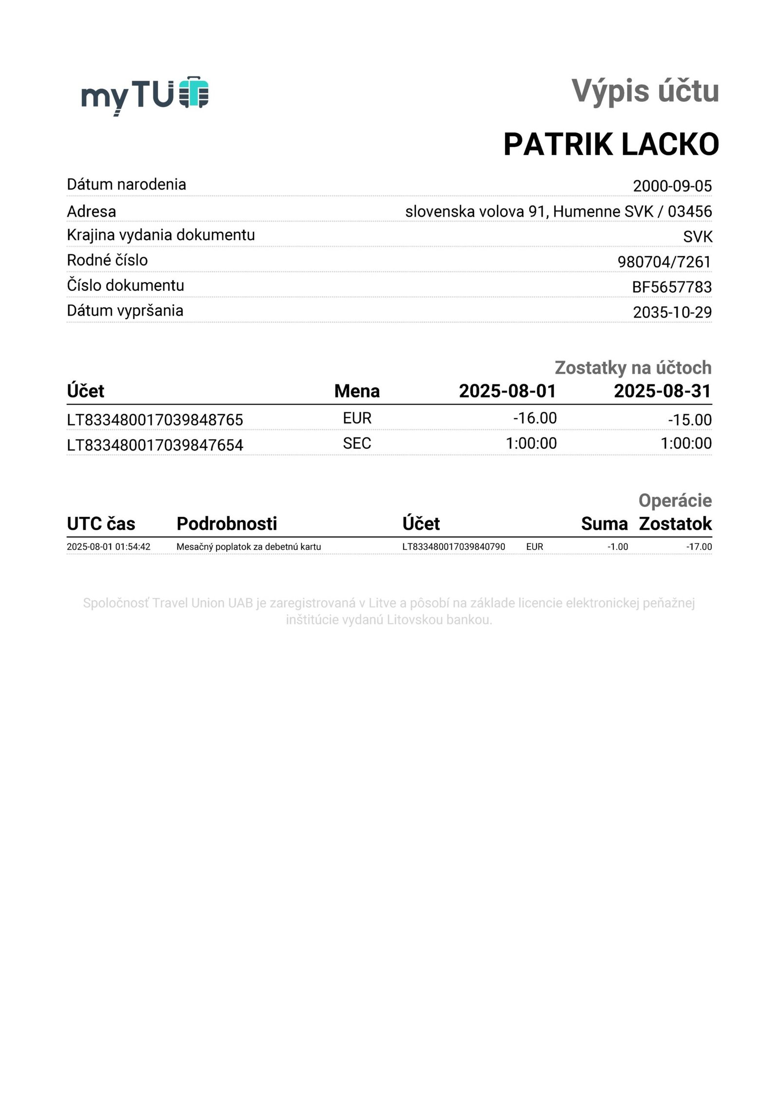 Lithuania Travel Union UAB (myTU) PDF Template - Instant Download