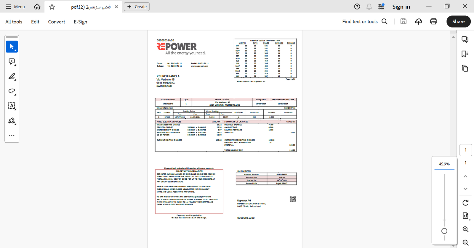 Switzerland REPOWER Utility Bill PDF Template Preview
