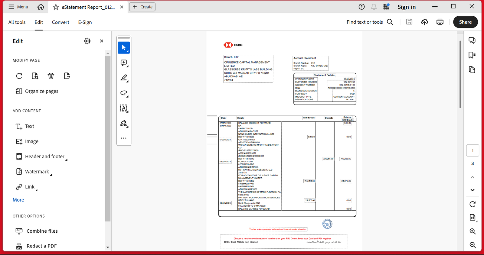 UAE HSBC Bank Middle East Limited Bank Statement PDF Template Preview